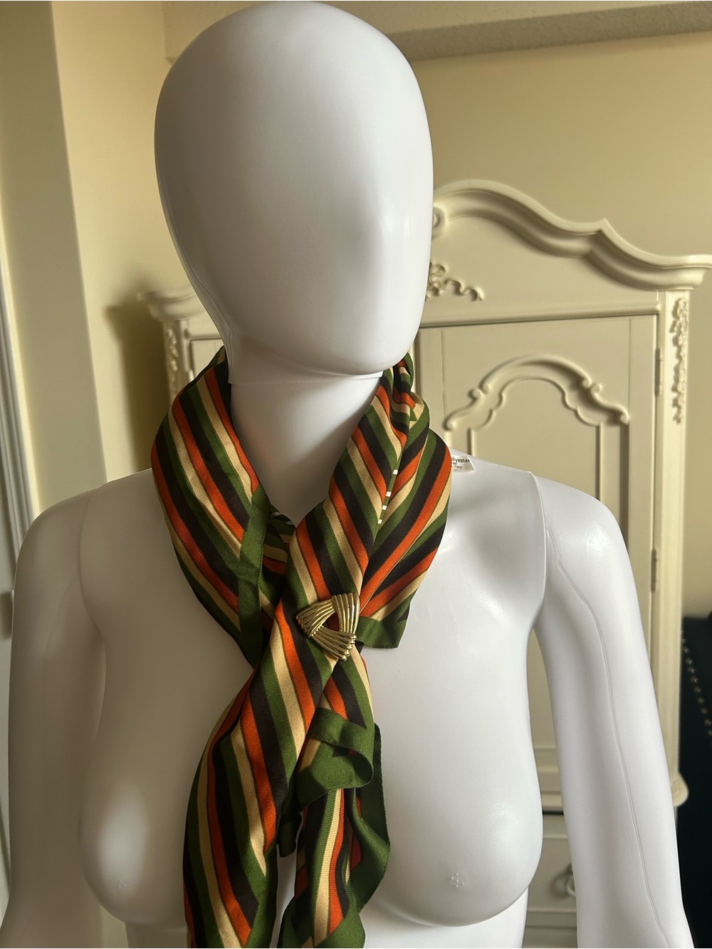 Silk-Blend Striped Neck Scarf in Olive, Orange & Black Vtg